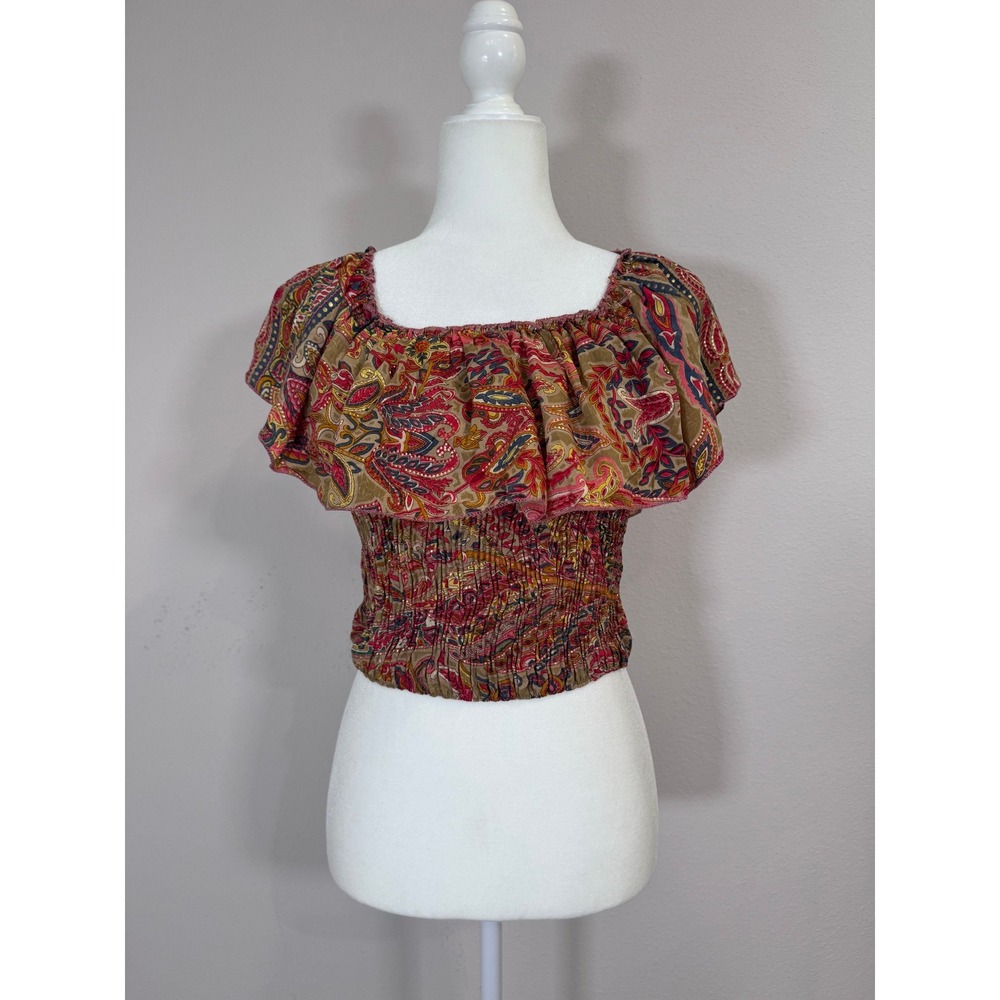 Cienna Designs Crop Top Women S/M Red Paisley Smocked Silk Blend Excellent Boho